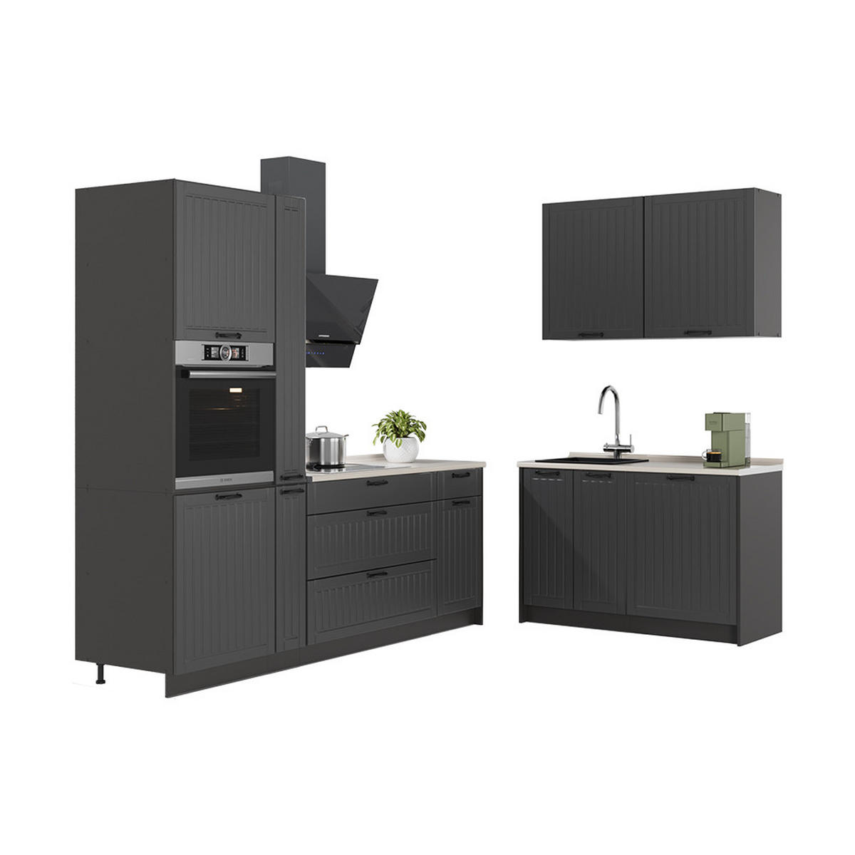 KÜCHENZEILE Fame-Line, Dunkelgrau/Weiß, 220 x 120 cm ohne Arbeitsplatte - Dunkelgrau/Weiß, Holzwerkstoff (220/206.8/51.6cm) - Vicco