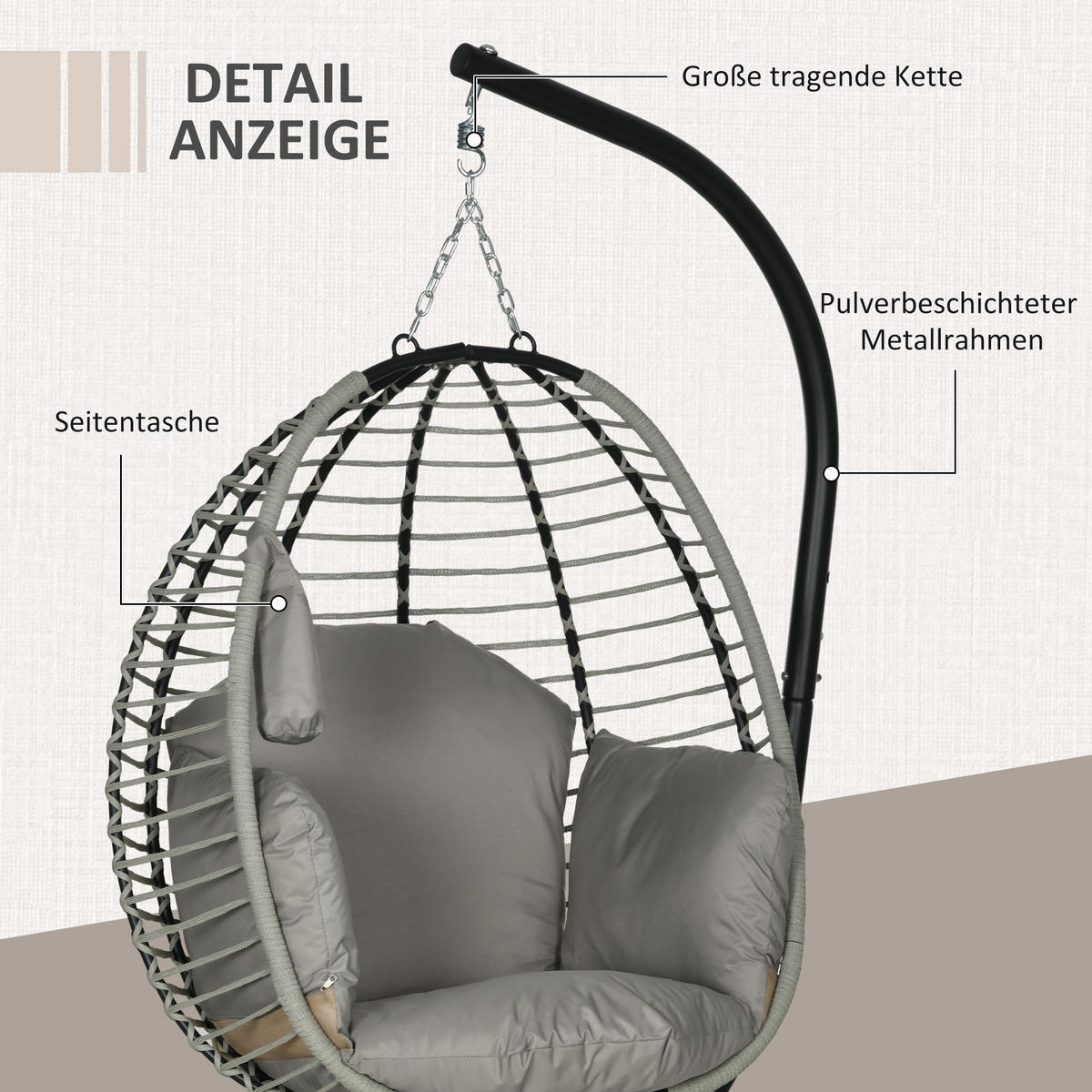 HÄNGESESSEL, Stahl, Polyester, Grau - Grau, Kunststoff/Metall (100/188/110cm) - Outsunny