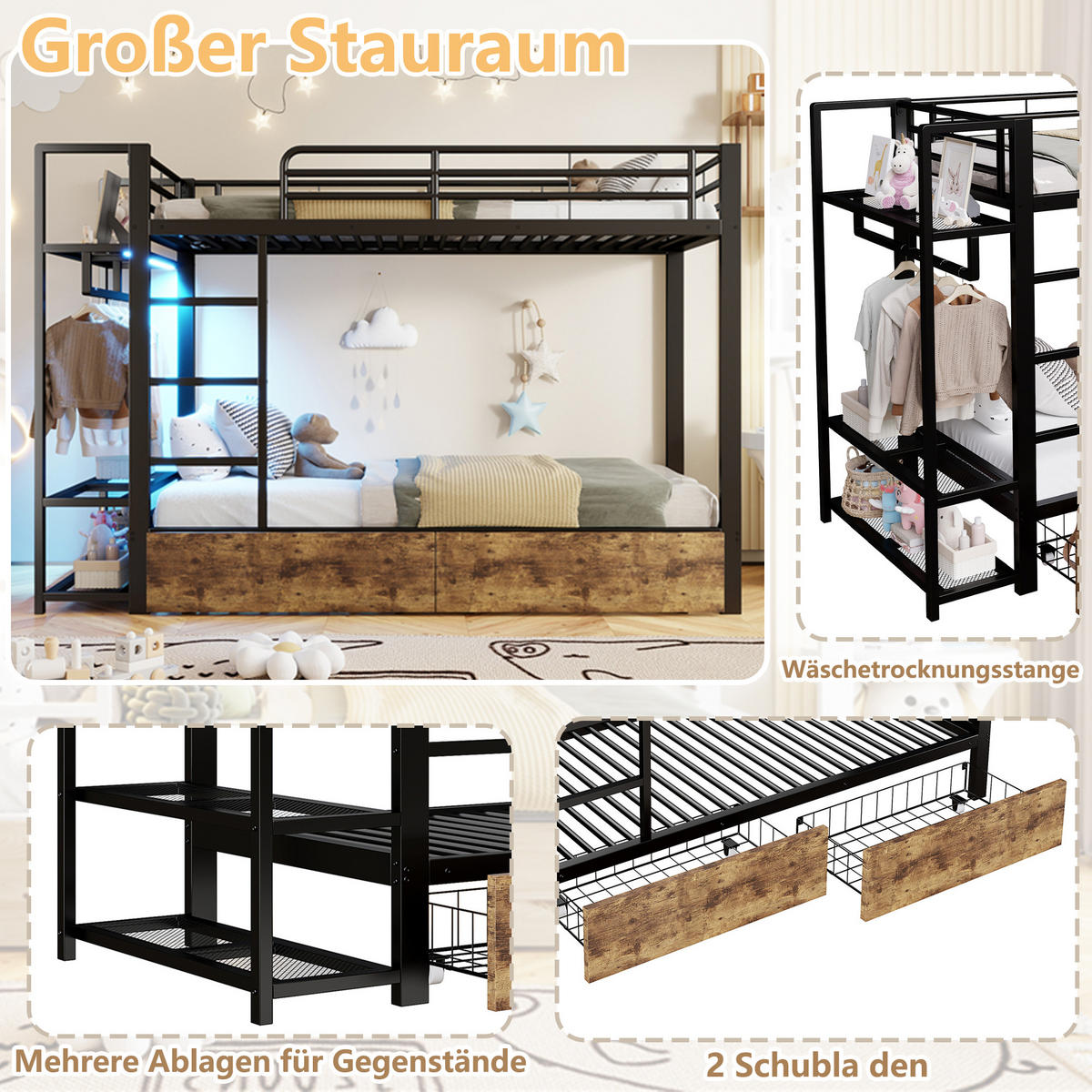 ETAGENBETT 90/200 cm aus Metall mit LED-Beleuchtung und 2 Schubladen - Schwarz, Metall - BEAOK