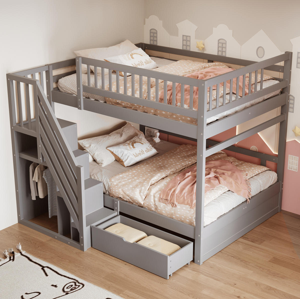 ETAGENBETT 140/200 cm aus Massivholz mit Stauraum, Grau - Grau, Holz (140/200cm) - OKMYHOME