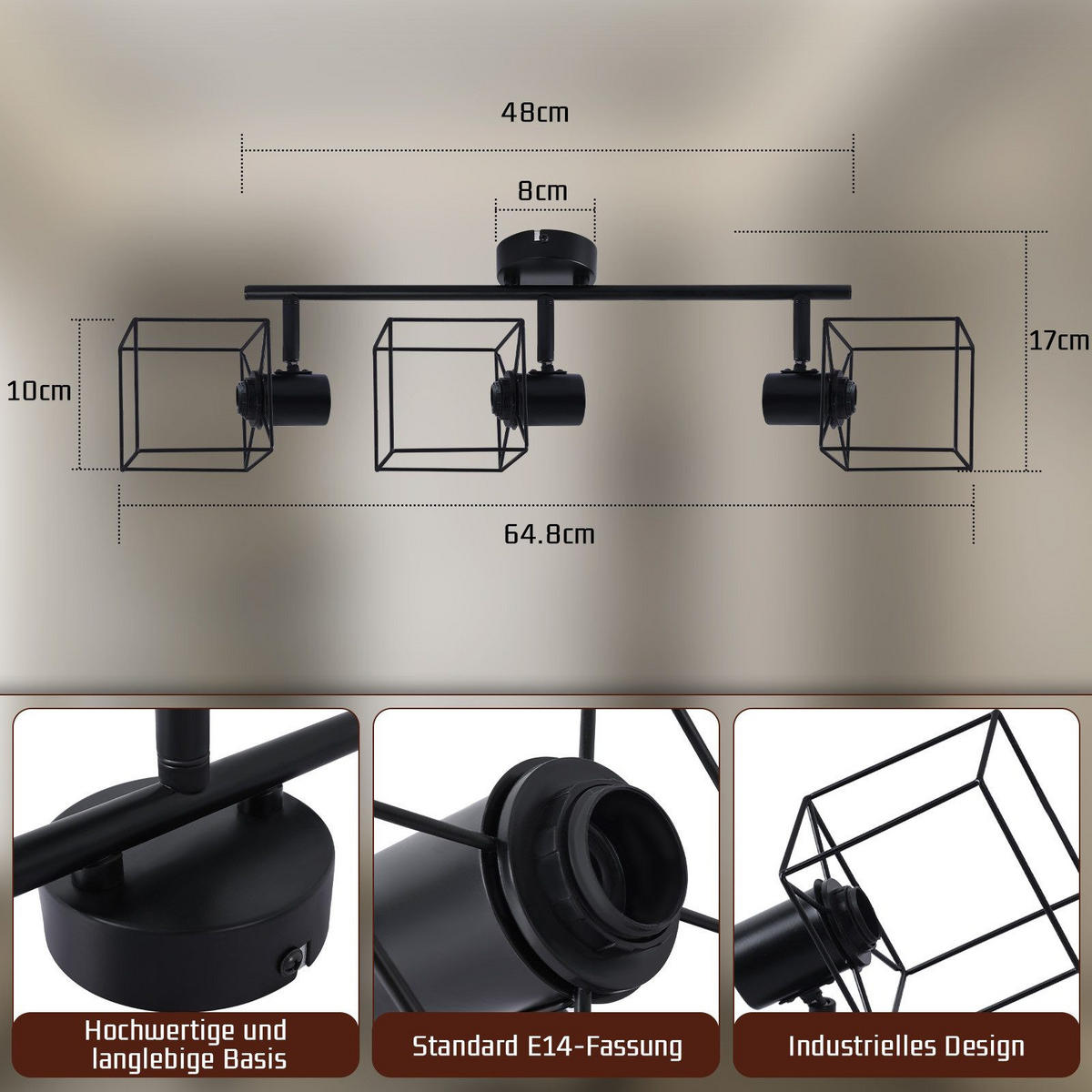 STRAHLER Fürth 3-flammig 48/10/17 cm - Schwarz, Metall (48/10/17cm) - Nettlife