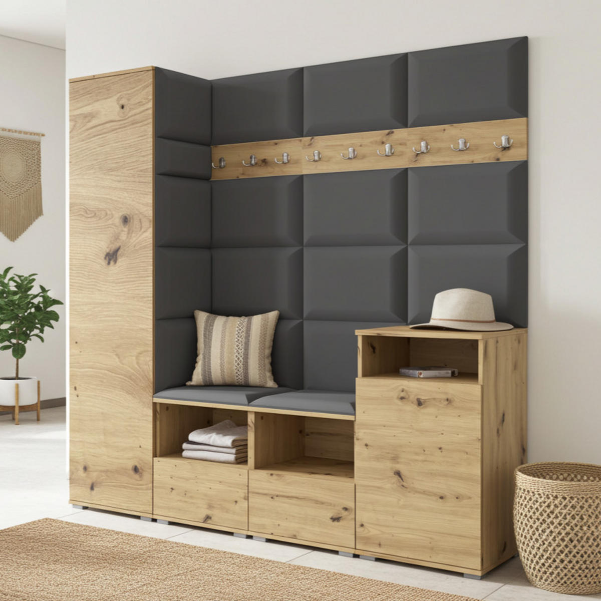 GARDEROBE NELA X 200 cm (Modulare Flurmöbel Artisan Eiche mit Sitzpolster Dunkelgrau 15 Schrank + Sidelboard) - Dunkelgrau/Silberfarben, Holz/Holzwerkstoff (200/187/40cm) - Ravio