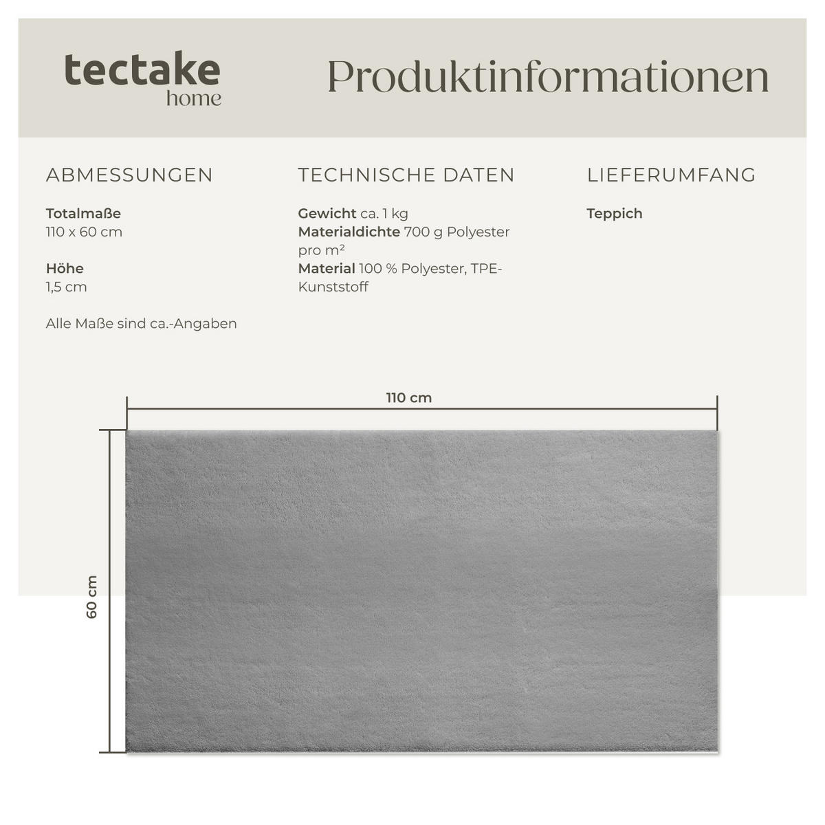 KURZFLORTEPPICH Soft Zone,rutschfeste Unterseite,grau - Grau, Kunststoff (110/60cm) - tectake