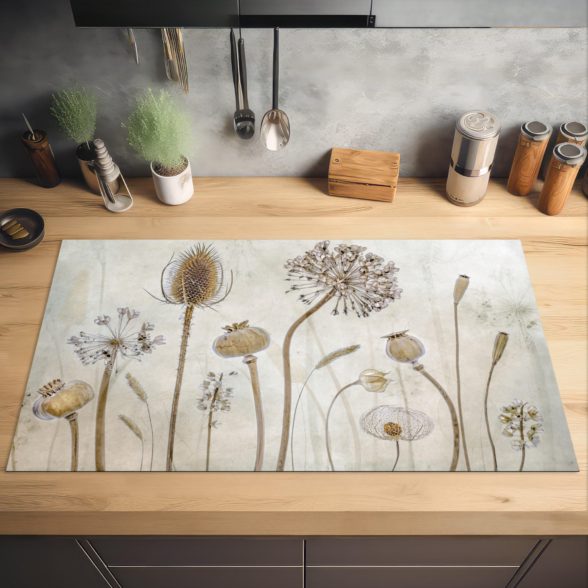 HERDABDECKPLATTE Blumen - Aquarell - Stilleben - Braun - Vintage 91x52 cm - Sandfarben, Kunststoff (91.2/0.2/52cm) - MuchoWow
