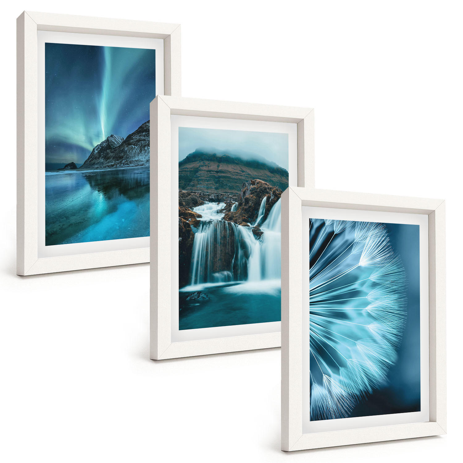 BILDER SET 3er Set - 20x30 cm Weißer Rahmen - Winterlandschaften mit Wasserfällen - Weiß, Kunststoff (20/30cm) - TULUP