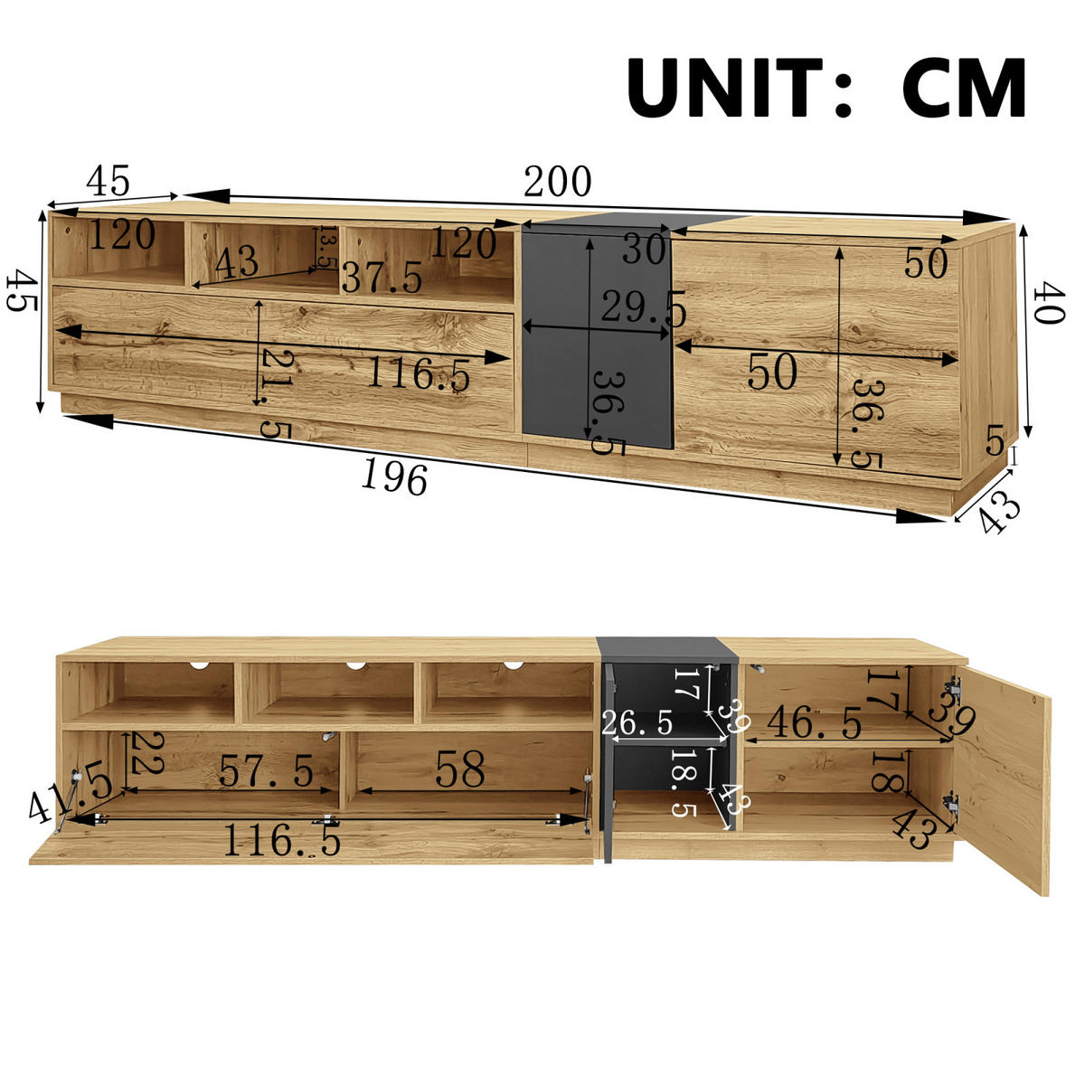TV Lowboard 200 cm, offene Fächer, Holz - Braun, Holz (200/45/45cm)