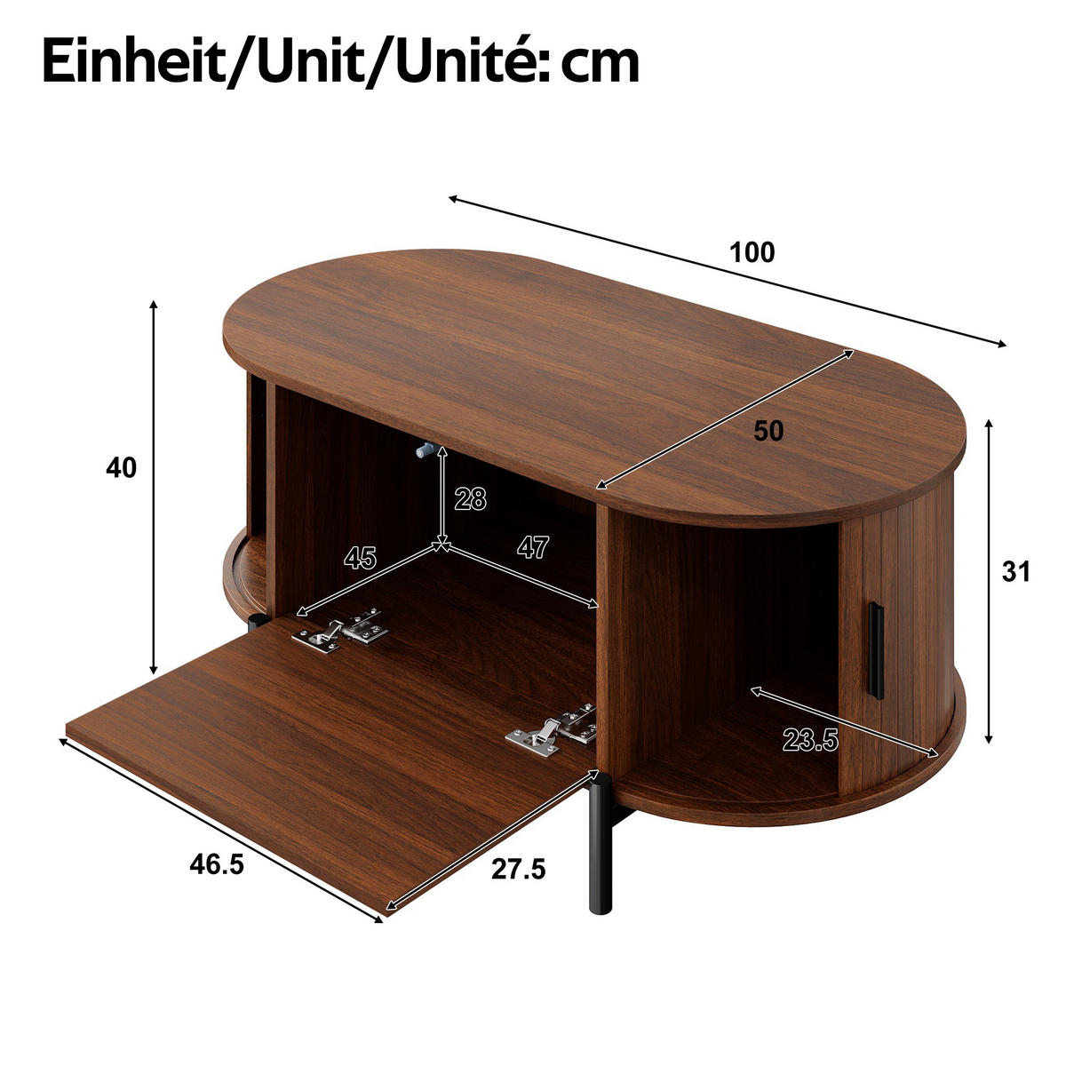 COUCHTISCH in Holzoptik Ovaler Wohnzimmertisch mit Schiebetüren und Stauraum, B100/T50H40(cm) - Schwarz/Braun, Holzwerkstoff/Metall (50/100/40cm) - STILVORA