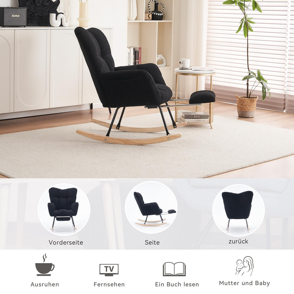 SCHAUKELSTUHL Teddy-Stoff mit klappbarer Fußablage 80/98/98.5 cm Schwarz - Schwarz, Textil (98/98.5/80cm) - Redom