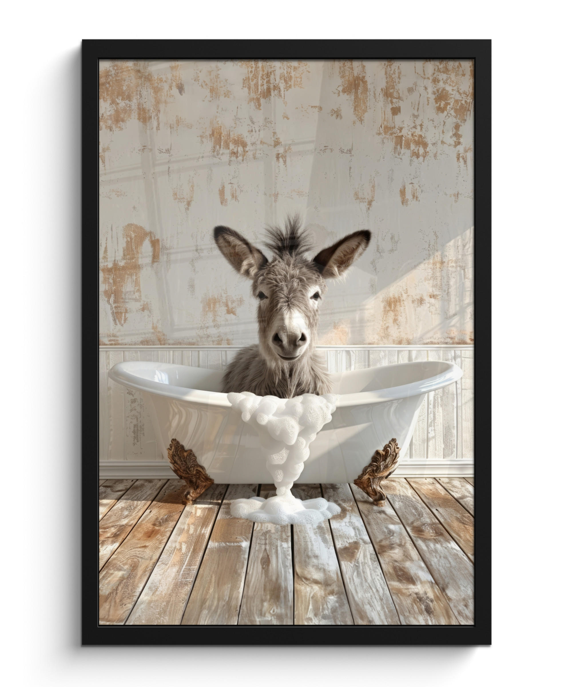 GERAHMTES BILD Esel - Tiere - Badewanne - Schaumstoff 40x60 cm - Weiß, Papier (40/60cm) - MuchoWow
