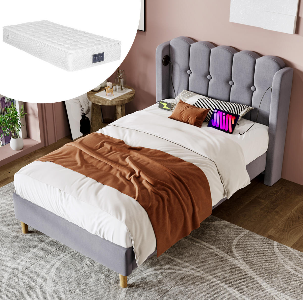 POLSTERBETT 90/200 cm mit USB- und Typ-C-Anschluss, Lattenrost und Matratze, Leinenbezug, Grau - Grau, Textil (90/200cm) - Redom