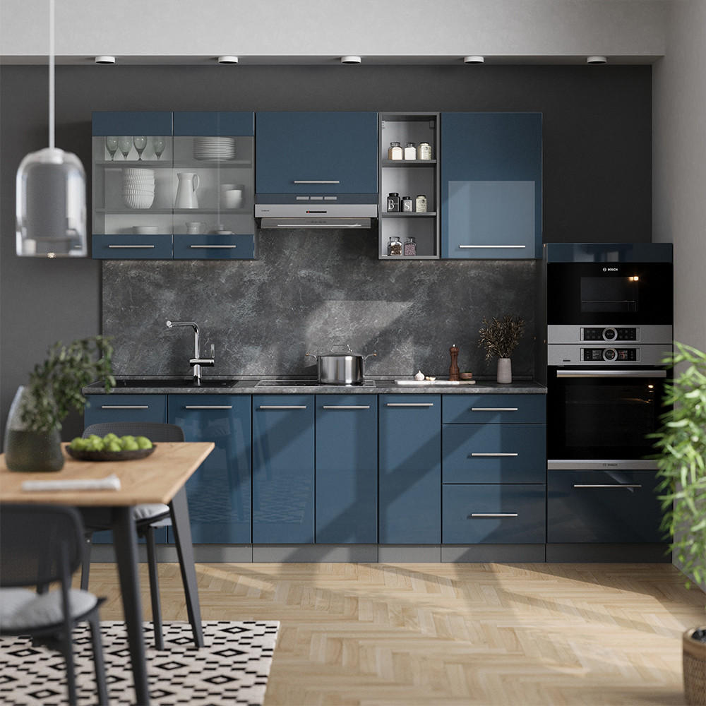 KÜCHENZEILE Fame-Line Dunkelblau Hochglanz/Anthrazit 280 cm, AP Eiche - Anthrazit/Dunkelblau, Holzwerkstoff (280/81.6/60cm) - Vicco