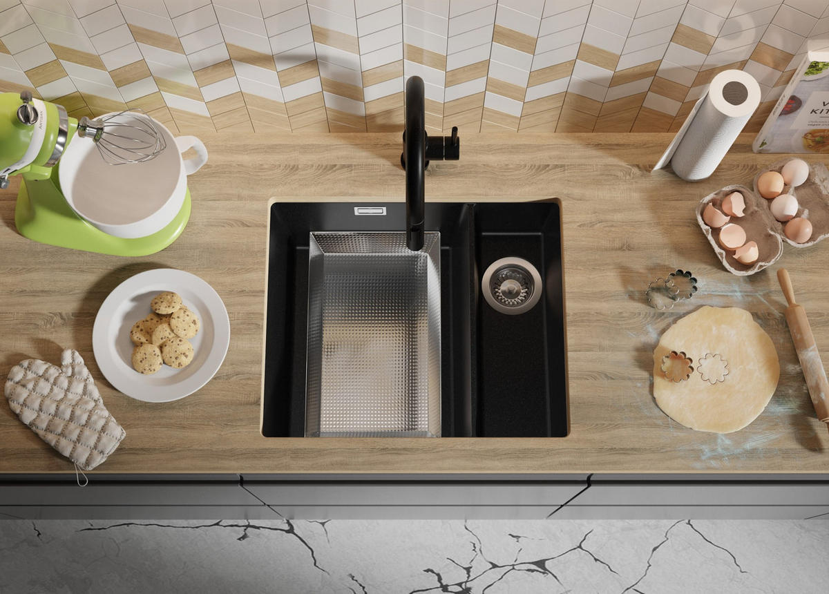 UNTERBAUSPÜLE GRANIT London Duo, 2-er set Alles Schwarz 56/47 cm 1,5 Becken + Ablauf-Set ab 60er Unterschrank - Schwarz, Kunststoff (56/20/47cm) - Primagran