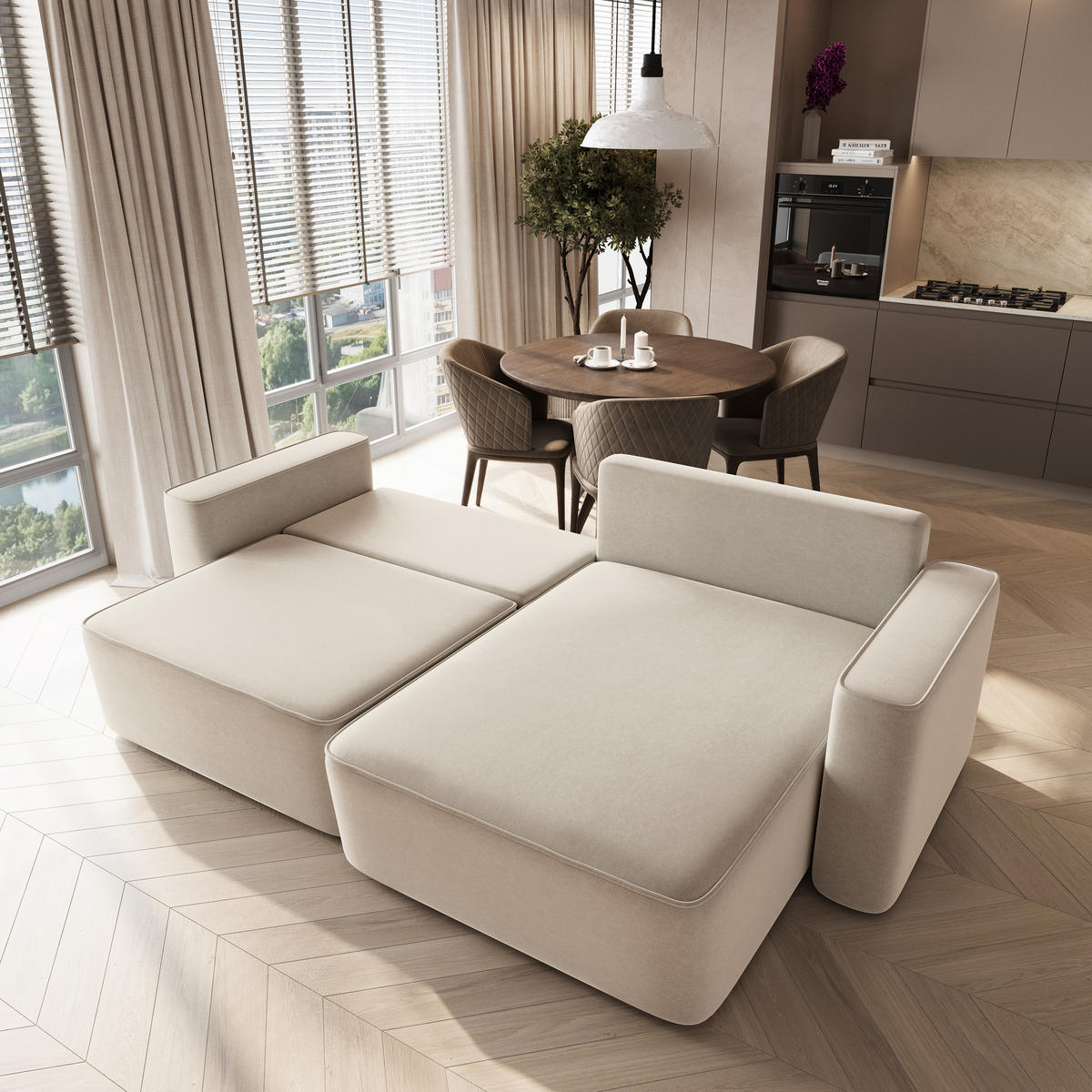 ECKSOFA BELISE CL Creme Veloursstoff mit Schlaffunktion - Creme, Holz/Textil (252/162cm) - MASSENO