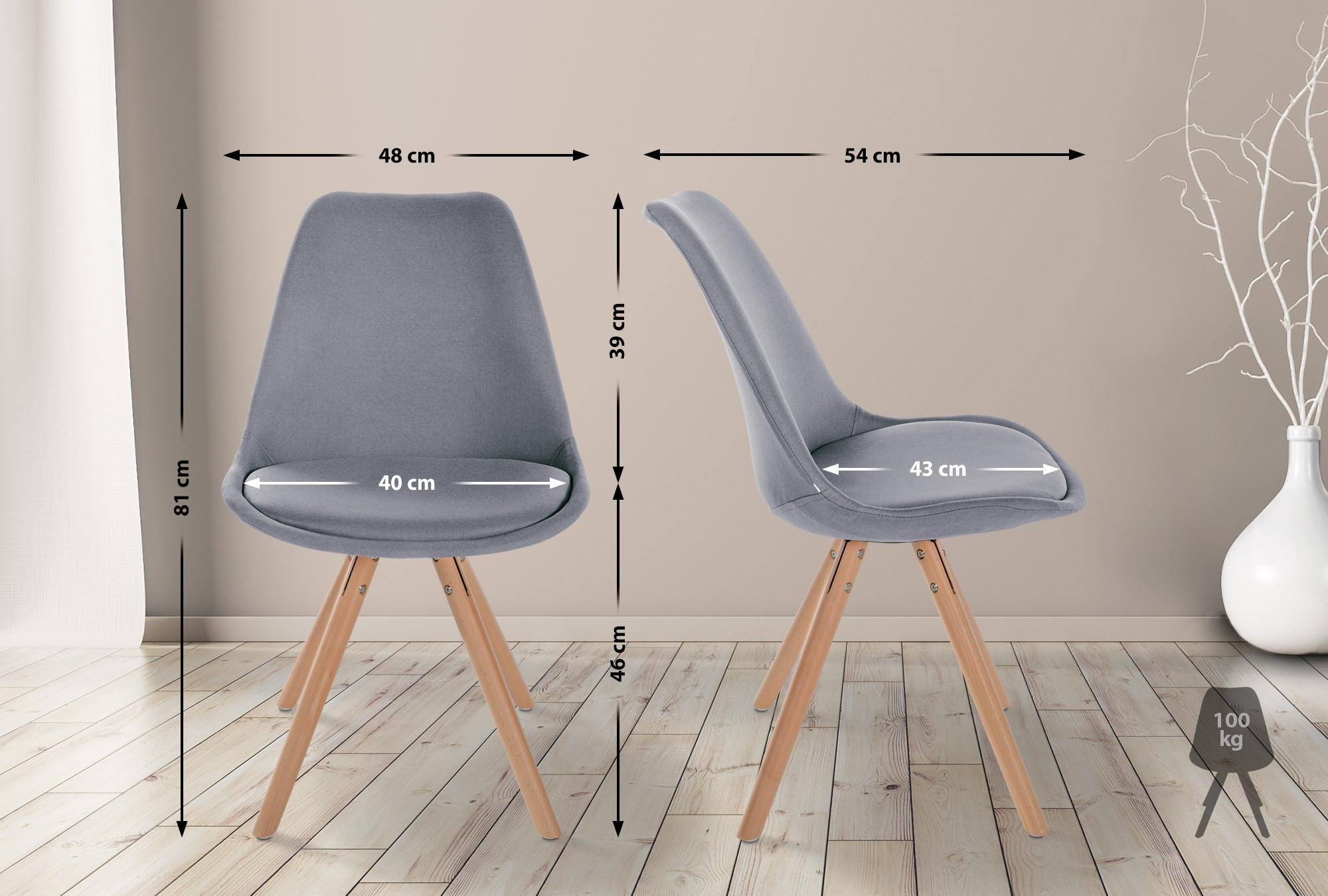 STUHL Stoff hellgrau - Eukalyptusholzfarben/Hellgrau, Holz/Textil (48/81/54cm) - CLP