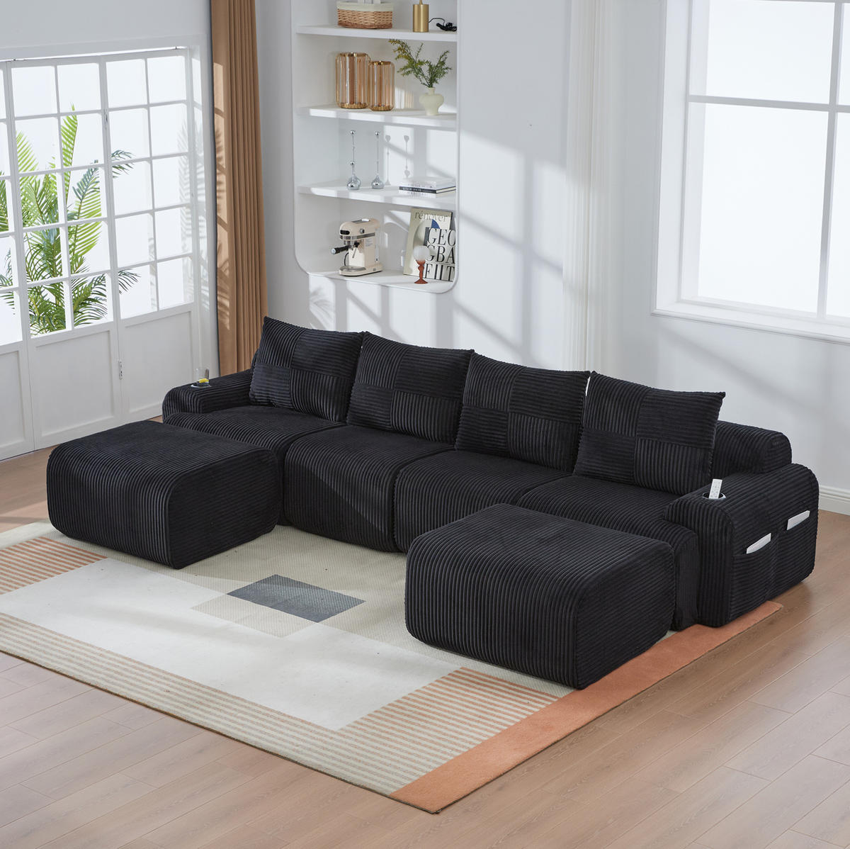 WOHNLANDSCHAFT modular 4-Sitzer ca. 333 x 174 cm Cordstoff Black 3-tlg. - Schwarz, Kunststoff (174/80/333cm) - Meubliv