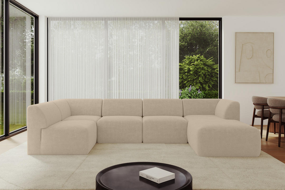 WOHNLANDSCHAFT Ottomane Rechts MOVO-L 345x180x78 cm Creme Tissu - Klar, Holzwerkstoff/Kunststoff (180/78/345cm) - ALTDECOR