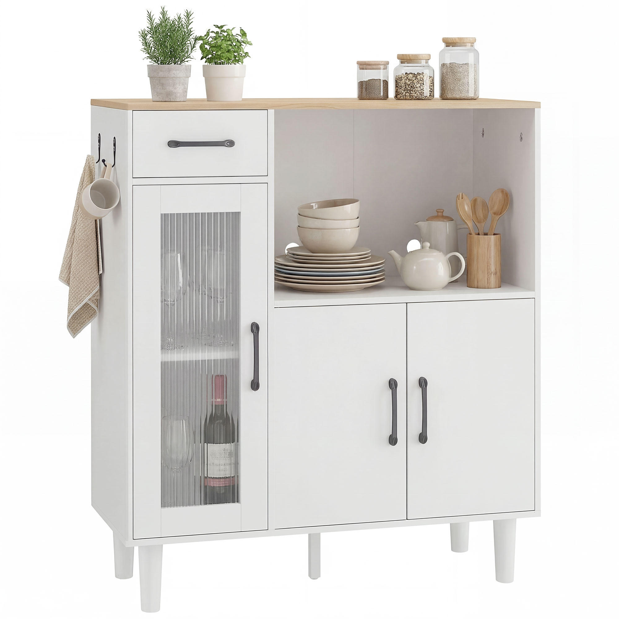 SIDEBOARD Weiß/Eiche, mit Acrylglastür, 80/34/91 cm - Weiß, Holz (80/91/34cm) - PANGIVO