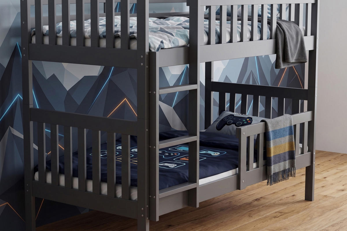 ETAGENBETT 90x200 in Grau mit Lattenrost – Kinderbett mit Schublade & Rausfallschutz JAKOB - Weiß/Grau, Holz (90/200cm) - Interbeds
