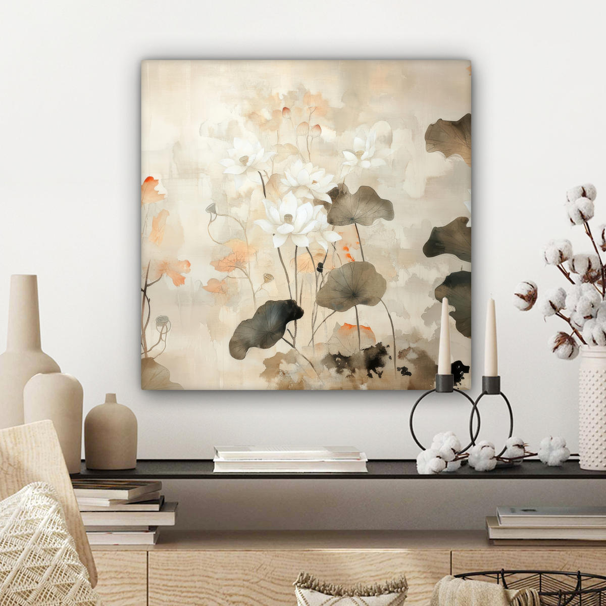 LEINWANDBILD Blumen - Japandi - Wabi sabi Wandbild Wohnzimmer 50x50 cm - Sandfarben, Textil (50/50cm) - MuchoWow