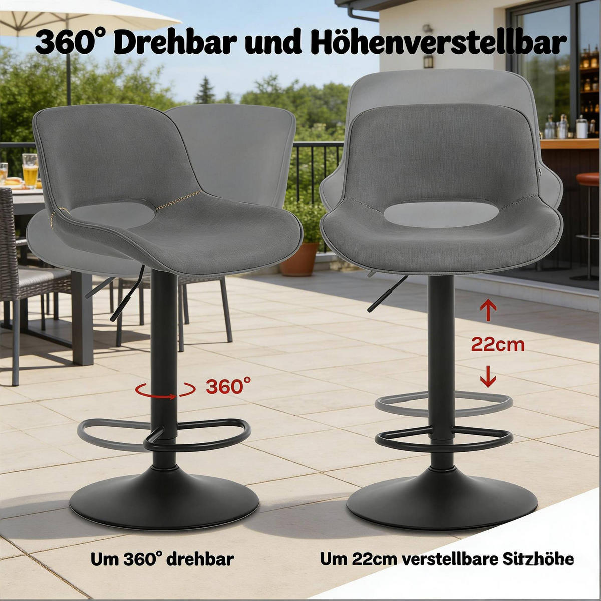 BARHOCKER 2er-Set drehbar mit Lehne Grau Leinen Metall - Grau, Metall (49/106/49cm) - Meubliv