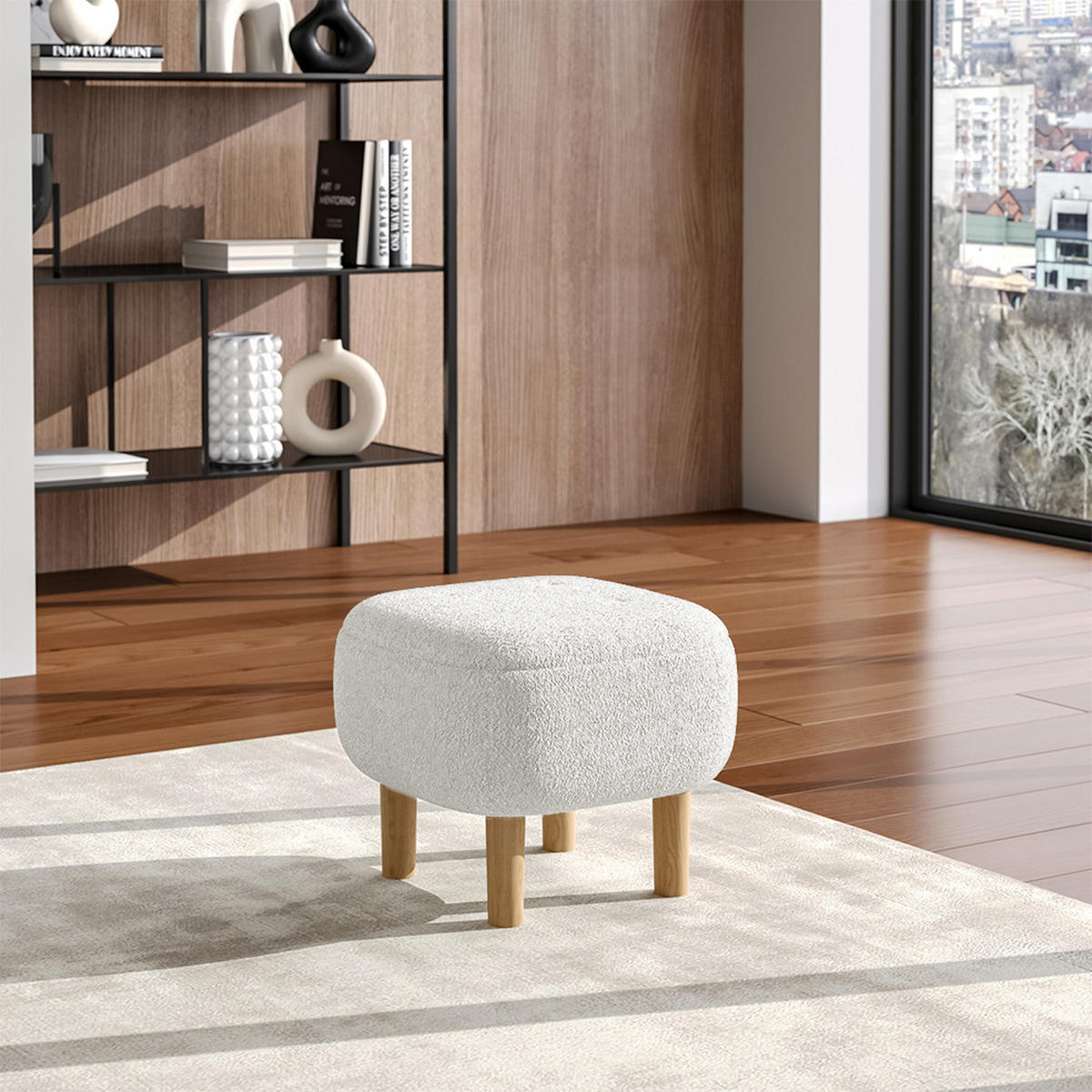 POLSTERHOCKER aus Gummibaumholzbeine Teddy-Fleece in Beige Leicht und Mobil Einfache Montage 45 x 45 x 36 cm - Beige/Naturfarben, Holz/Textil (45/36/45cm) - Livingandhome