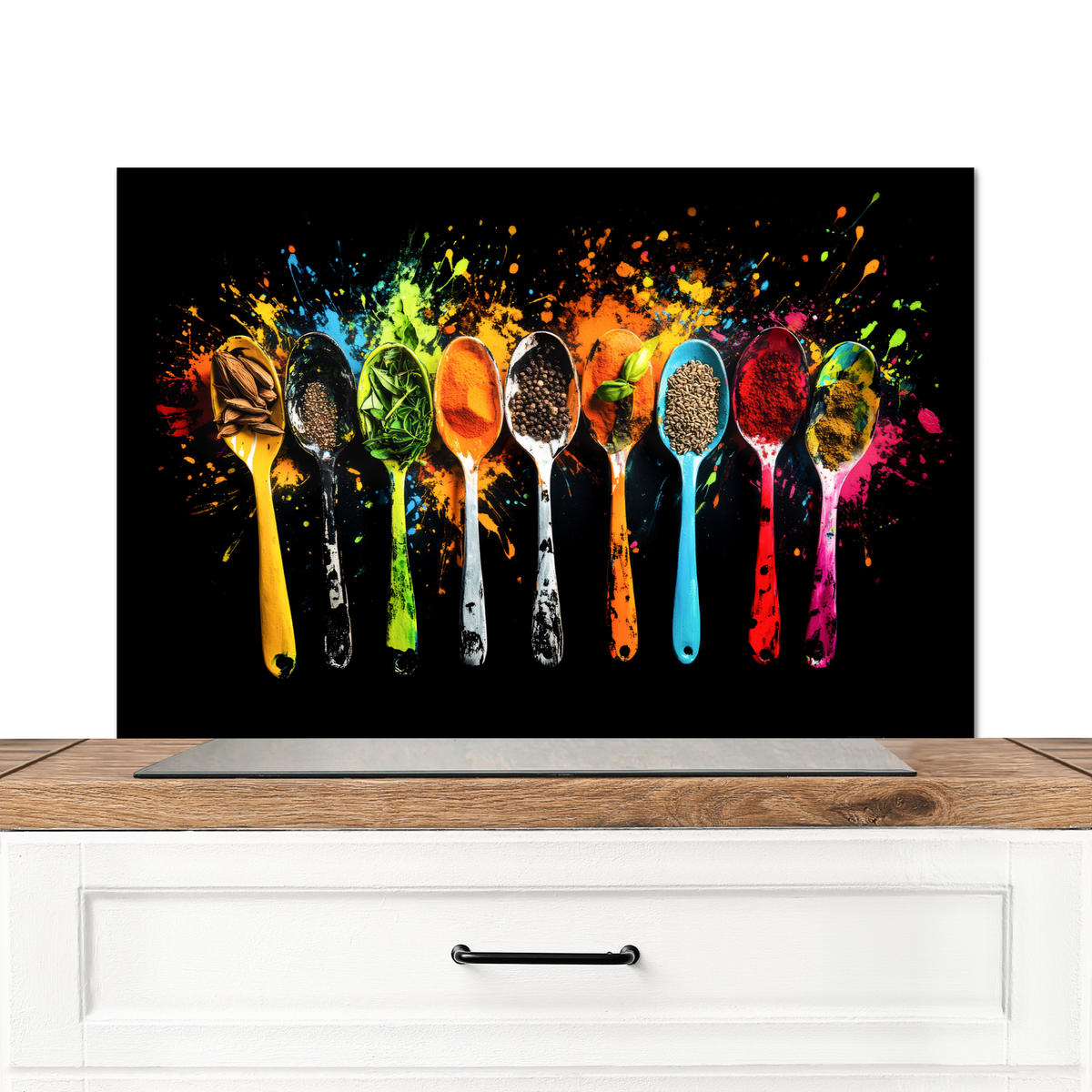 SPRITZSCHUTZ KÜCHE Löffel - Gewürze - Modern - Graffiti - Farbe - Farbenfroh 80x55 cm - Multicolor, Metall (80/0.3/55cm) - MuchoWow