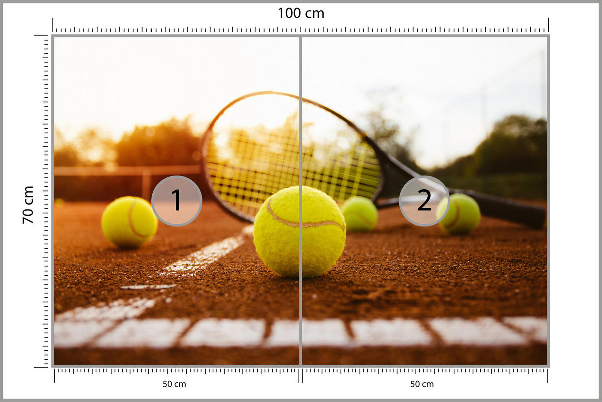 FOTOTAPETE für Jugendzimmer Tennisschläger Court Sport Ball 100x70 - Gelb/Orange, Papier (100/70cm) - Muralo