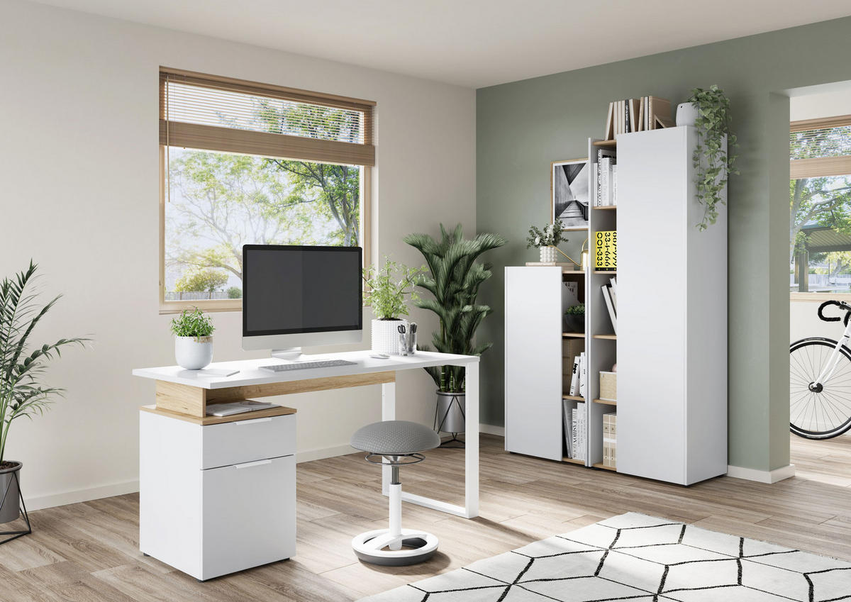 SCHREIBTISCH – Weiß/Beige, 140x61x74 cm, mit Container, stoßfest, Metallkufen - Weiß, Holz/Metall (61/140/74cm) - KADIMA DESIGN