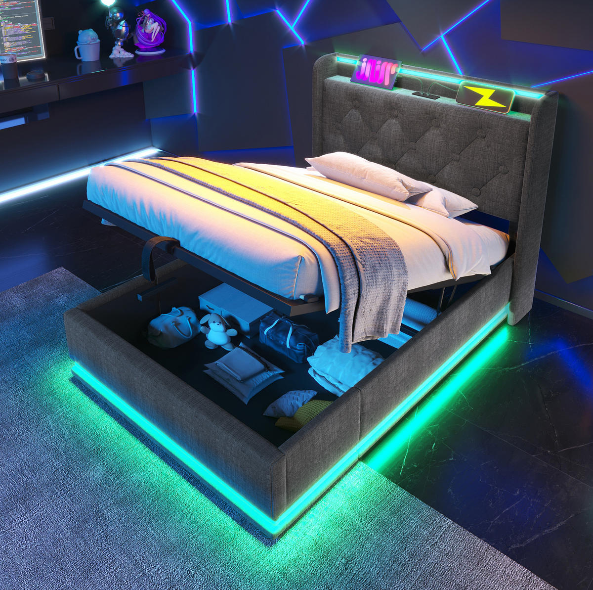BETT mit Stauraum, LED und Matratze 90x200 cm Leinen Grau - Grau, Metall (90/200cm) - Meubliv