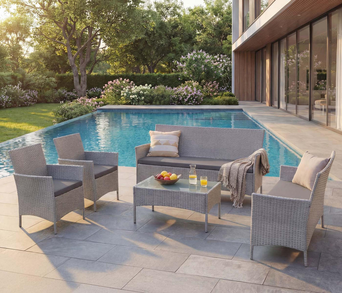 POLY-RATTAN GARNITUR Grau - Grau, Kunststoff - MCW