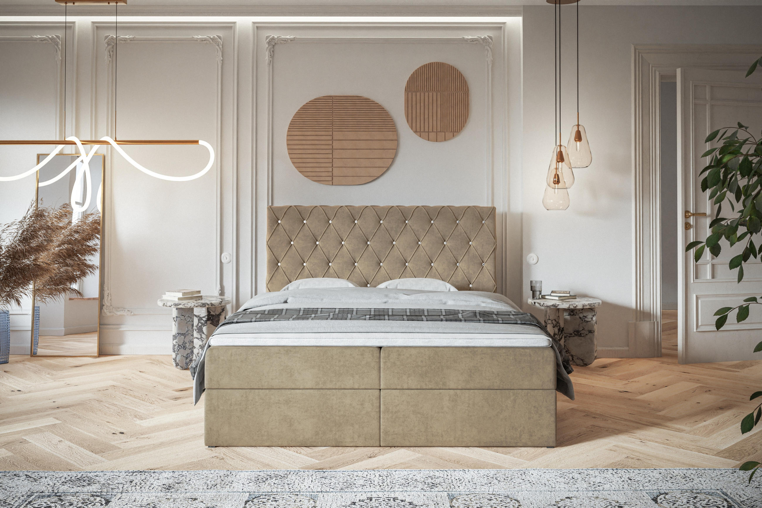 BOXBETT BOSTON mit 2 Bettkästen, 140x200, Farbe: Sand, Velourstoff, Doppelbett mit Bonell-Matratze - Sahara, Holz/Kunststoff (140/200cm) - Alpi-Möbel