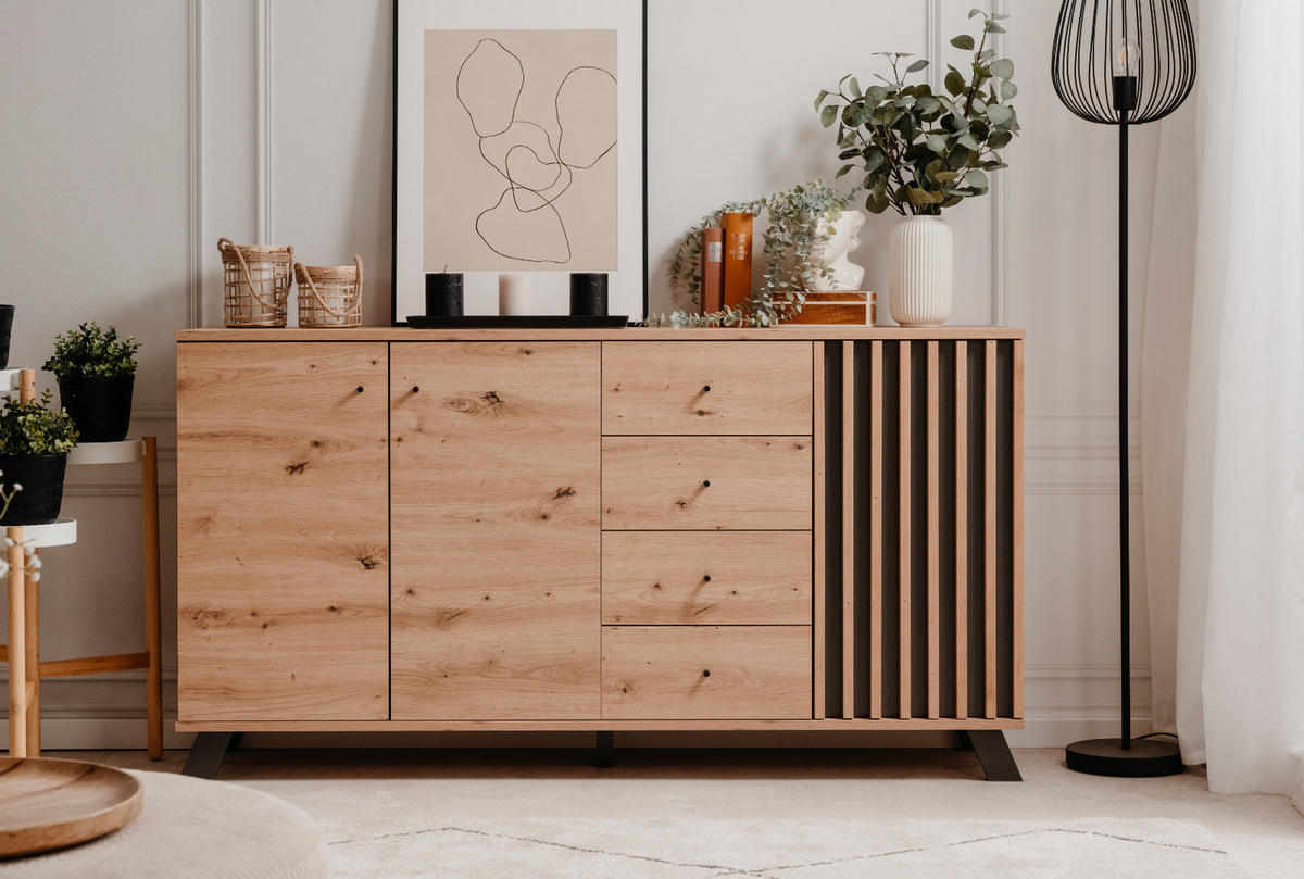 SIDEBOARD Eiche Artisan, grau 160 cm, Kommode im Industrial Design - Anthrazit/Schwarz, Holzwerkstoff/Metall (160/85/40cm) - Furn.Design