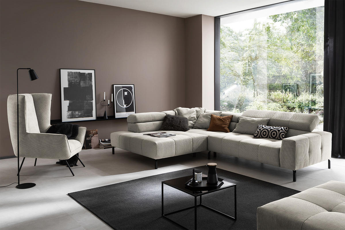 ECKSOFA OHIO Silber Cord - Silberfarben/Schwarz, Textil/Metall (311/219cm) - KAWOLA