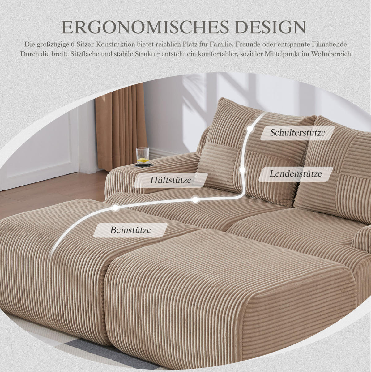 MODULARES 2-Sitzer Cordsofa mit 2 Hockern Getränkehalter und Seitentasche 200/174/80 cm Sandfarben - Sandfarben, Textil (174/80/200cm) - Redom