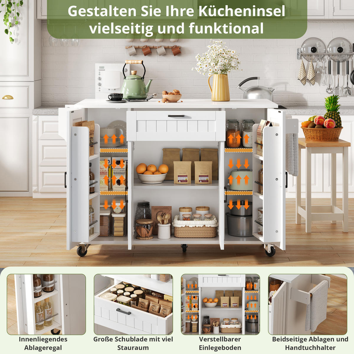 KÜCHENINSEL 120/45(70)/95 cm weiß mit klappbarer Platte - Weiß, Holzwerkstoff (120/95/70cm) - OKWISH