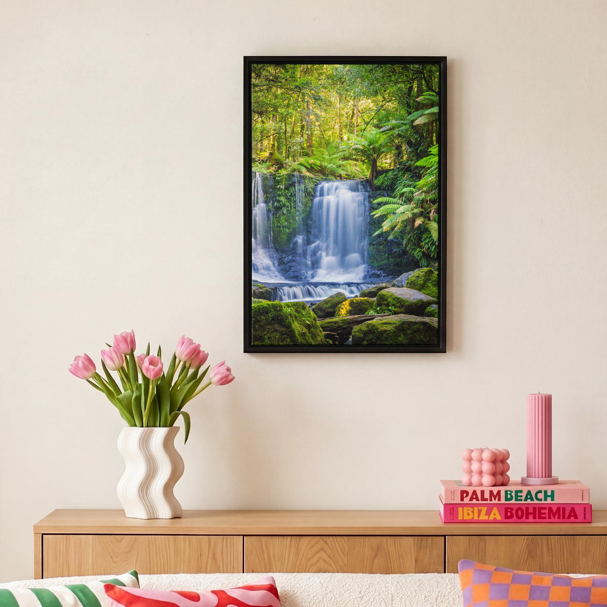 LEINWAND Bilder mit Rahmen - Dschungel - Wasserfall - Australien - Pflanzen - Natur - 20x30 - Dunkelgrün, Textil (20/30cm) - MuchoWow