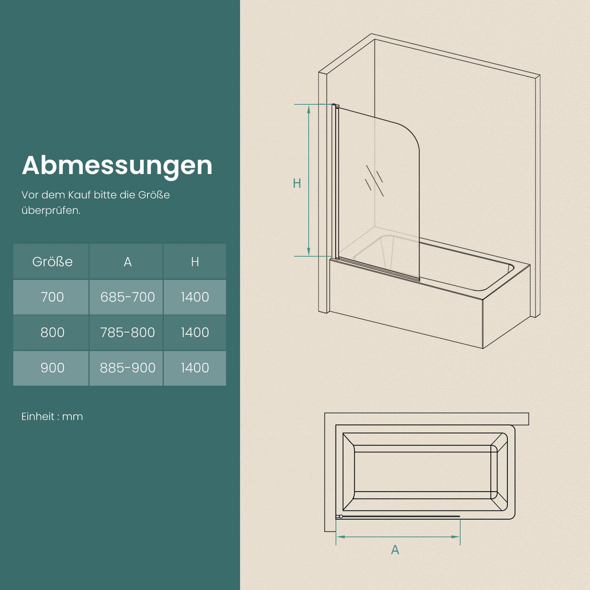 BADEWANNENAUFSATZ duschwand für Badewannen mit Schwenkfunktion Chrom 140/80 cm - Transparent, Glas (80/140cm) - EMKE