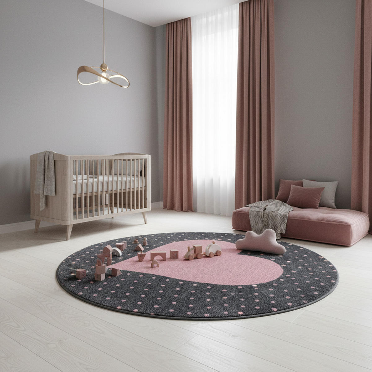 TEPPICH Kinder Kurzflor Herz Polypropylen Kinderzimmer Pink Rund 120x120 - Rosa, Textil (120/120cm) - KADIMA DESIGN