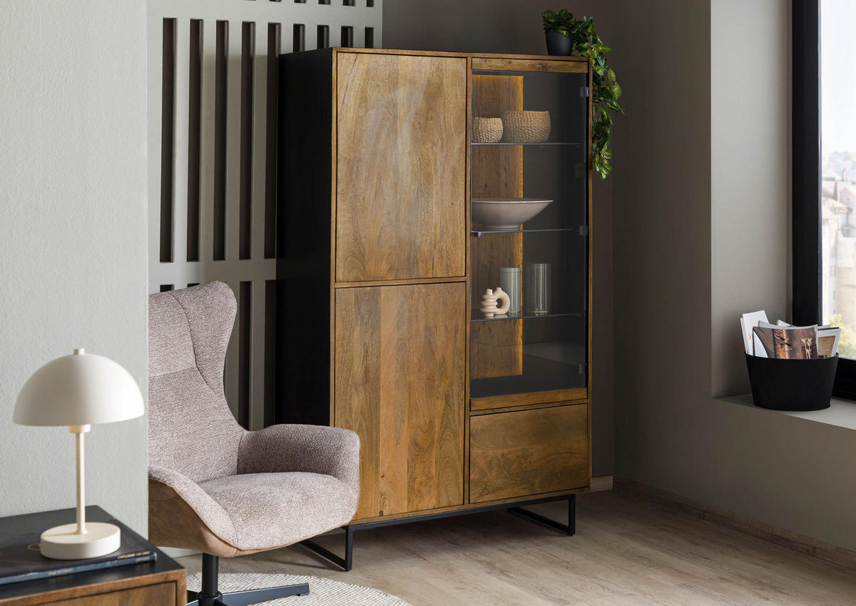 VITRINE Mango / Altholz 110x47x182 schwarz / natur lackiert DAVIS #31 - Schwarz, Holz (110/182/47cm) - Massivmoebel24