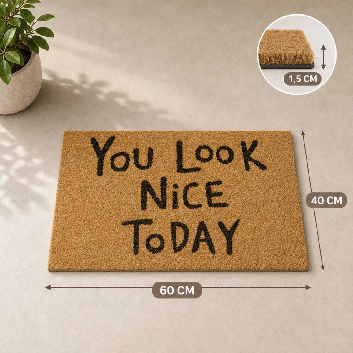FUSSMATTE Natur Kokos rutschfest YOU LOOK NICE 60x40 cm - Hellbraun, Kunststoff/Textil (60/40cm) - Relaxdays
