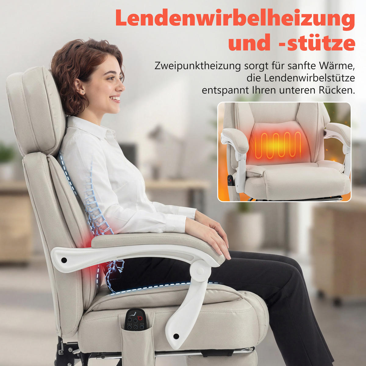 DREHSTUHL Massage Hochlehner Vibration Heizung neigbar Fußstütze Cremeweiß - Weiß, Textil (75.5/122.5/70cm)