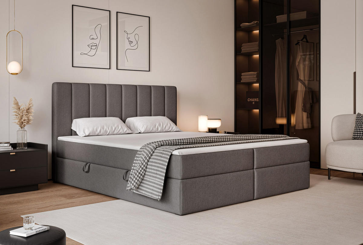BOXBETT LEO 200/200 cm mit Matratze und Topper, Dunkelgrau - Dunkelgrau/Schwarz, Holzwerkstoff/Kunststoff (200/200cm) - Idohome