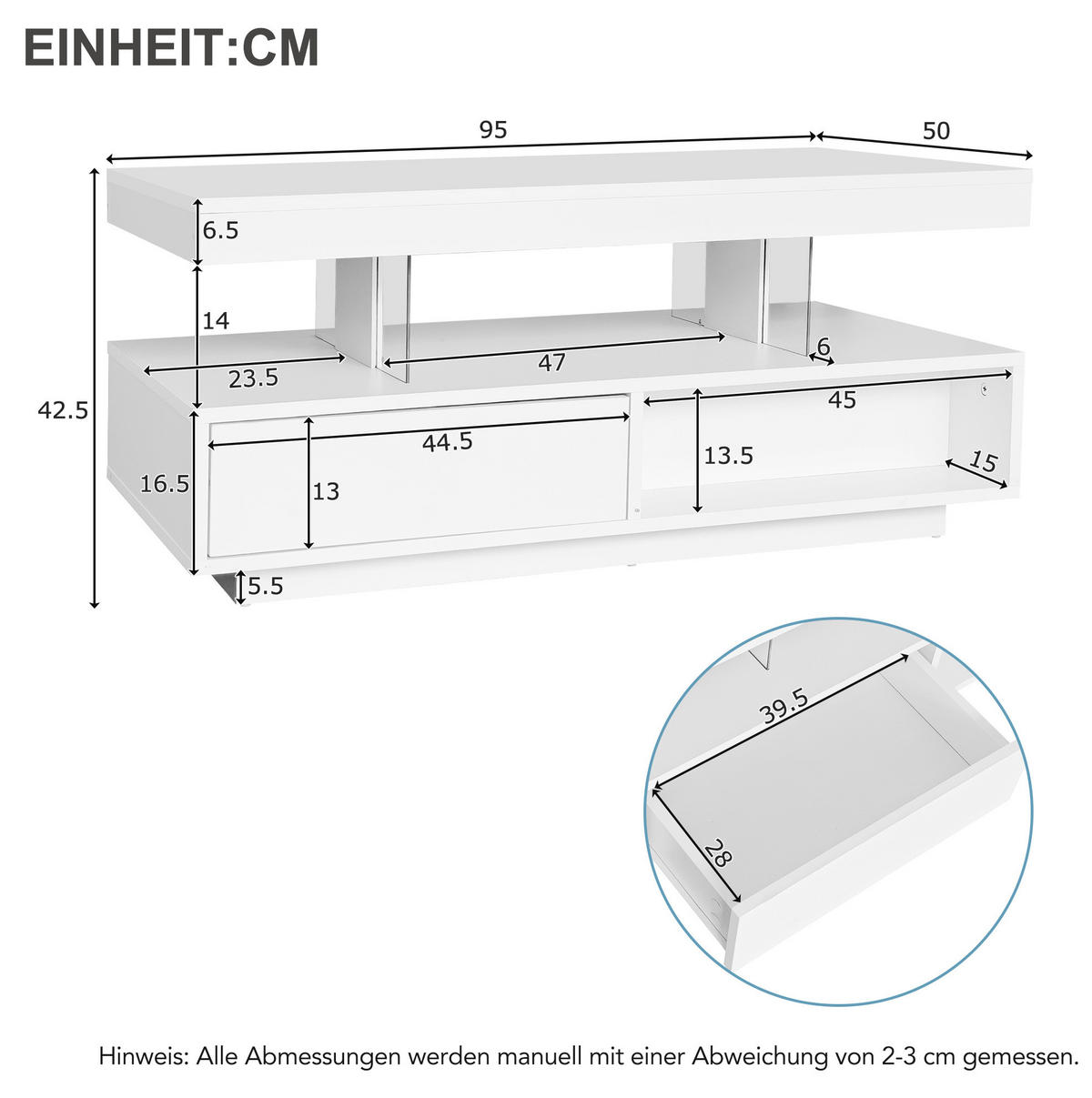 COUCHTISCH 95/50/42,5 cm in Weiß Hochglanz mit LED-Beleuchtung und 2 Schubladen - Weiß, Holzwerkstoff (90/50/42.5cm) - Flora Grace