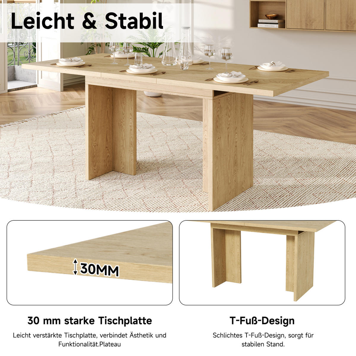 ESSTISCH 80/180/75 cm Eichefarben aus MDF mit 30 mm Tischplatte - Eichefarben, Holzwerkstoff (180/80/75cm) - OKWISH