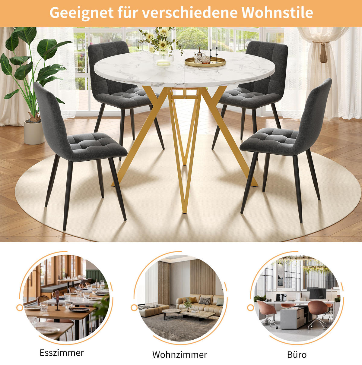ESSTISCH 100x100x76 cm in Weiß und Gold aus MDF mit Marmoroptik auf goldenem Metallgestell - Goldfarben, Holzwerkstoff (100/100/76cm) - Modfu
