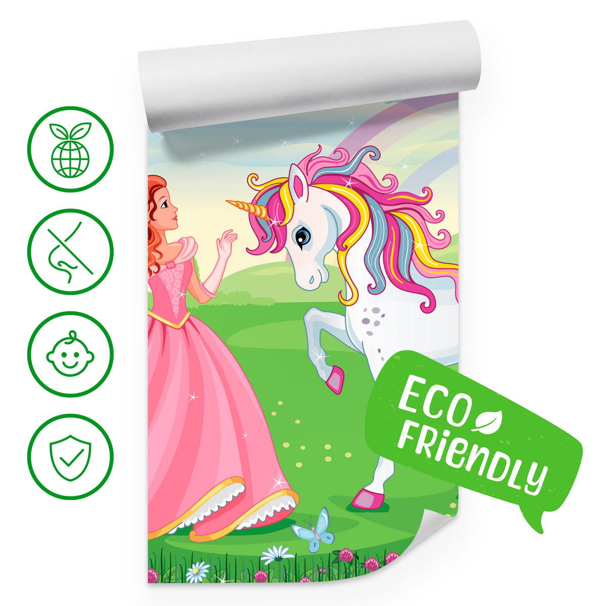 FOTOTAPETE für Kinderzimmer Prinzessin Einhorn Schloss Blumen 400x280 - Blau/Gelb, Papier (400/280cm) - Muralo