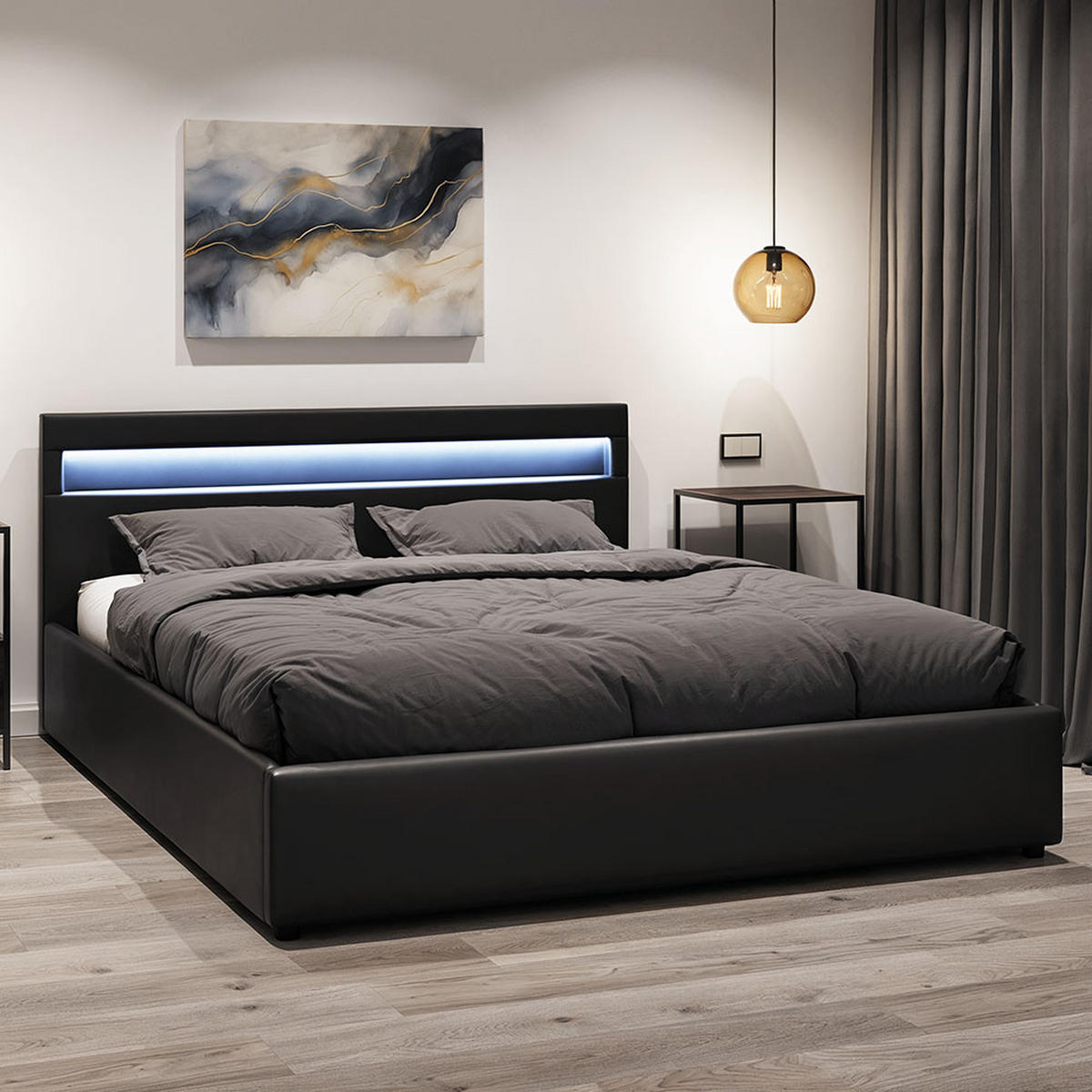 POLSTERBETT 140×200 mit Bettkasten und Lattenrost Nira Öko-Leder schwarz LED - Schwarz, Holz (140/200cm) - Jana