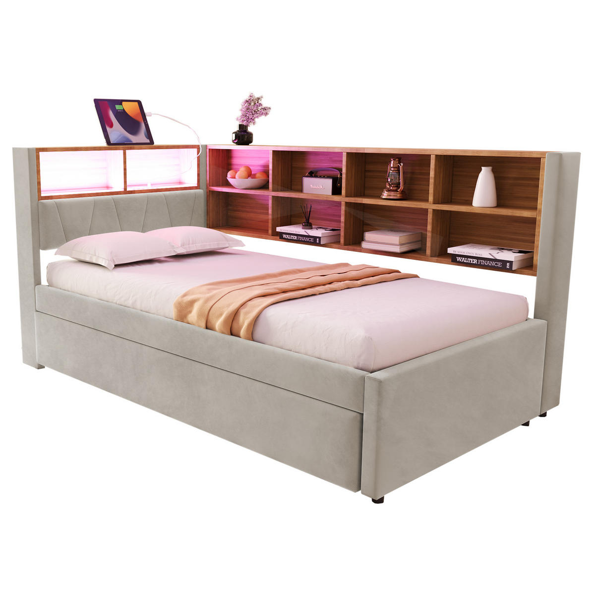 BETT 90/200 cm mit Ausziehbett, LED und Stauraum in Hellgrau - Hellgrau, Textil (90/200cm) - BEAOK