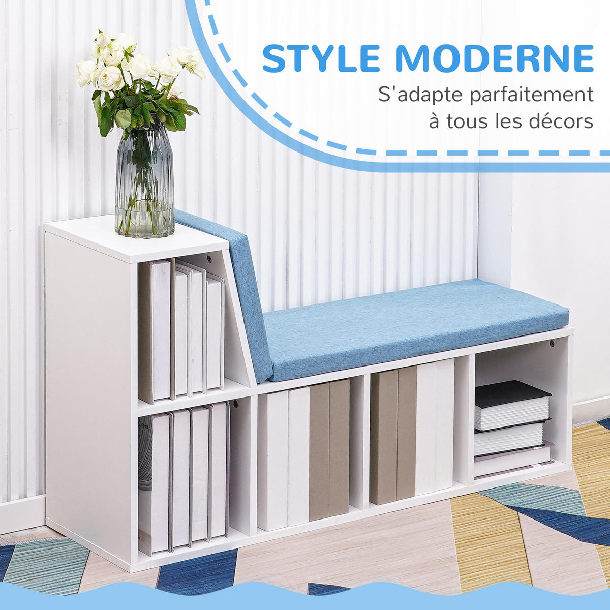 KINDERREGA DE-15538 108/30/60 cm, 5 Fächer, 2 Kissen Weiß/Blau - Blau, Holzwerkstoff (108/60/30cm) - ComfortXL