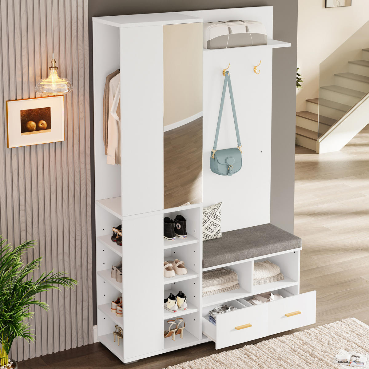 GARDEROBE-SET in Weiß Aufbewahrungsschrank mit Spiegel , Kleiderstange, Schuhbank 3 Haken und 2 Schubladen , B120/T35/H190cm - Weiß, Holzwerkstoff (120/190/35cm) - STILVORA